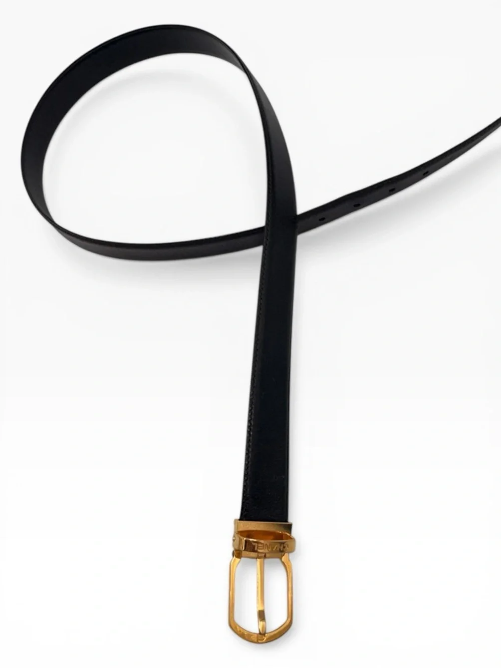 Chanel Black Leather Belt Gold Buckle Logo Waist Belt Authenticated